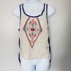 Kate Collection Blue High Low Tank Top Embroidery